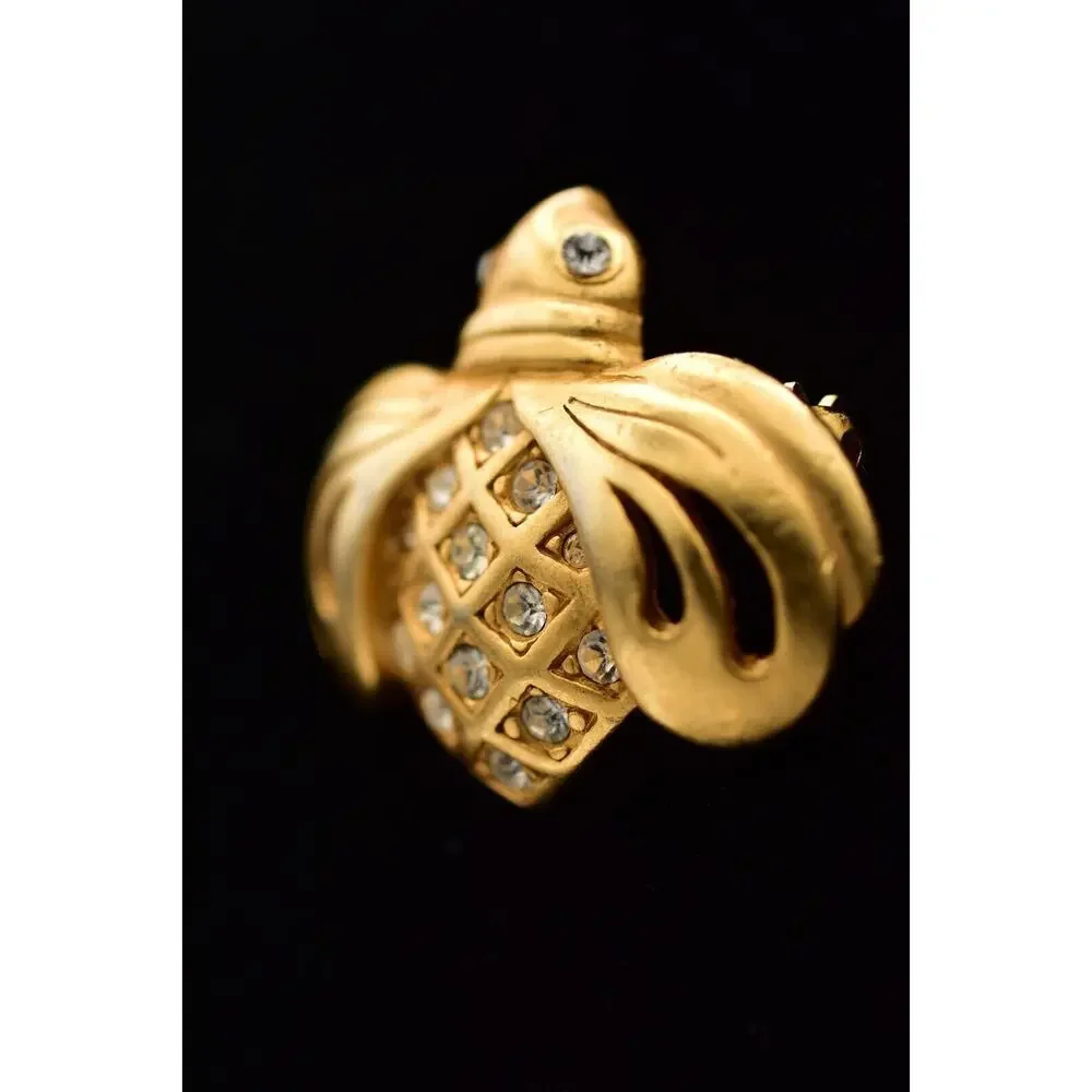 Swarovski Vintage Bee Bug Pin Brooch Brushed Gold Crystal Swan Signed 90s BinBG